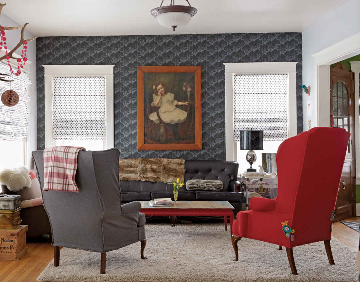 CUSTOMIZE IT. Plain white blinds wouldn’t have been in keeping with this homeowner’s stellar style standards, but these geometric ones most definitely are. When buying window treatments, forget basic and put your own stamp on it.