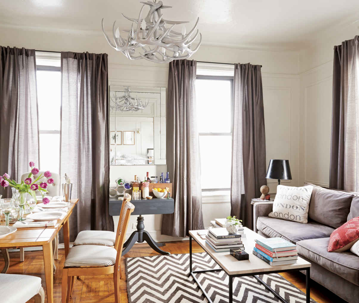 DREAM BIGGER. This rich palette is a nod to the homeowner’s style inspiration, Jenna Lyons, J.Crew’s Executive Creative Director. Lyons’s former Brooklyn brownstone was done in shades of gray, white, and black, which are elegantly imitated here.