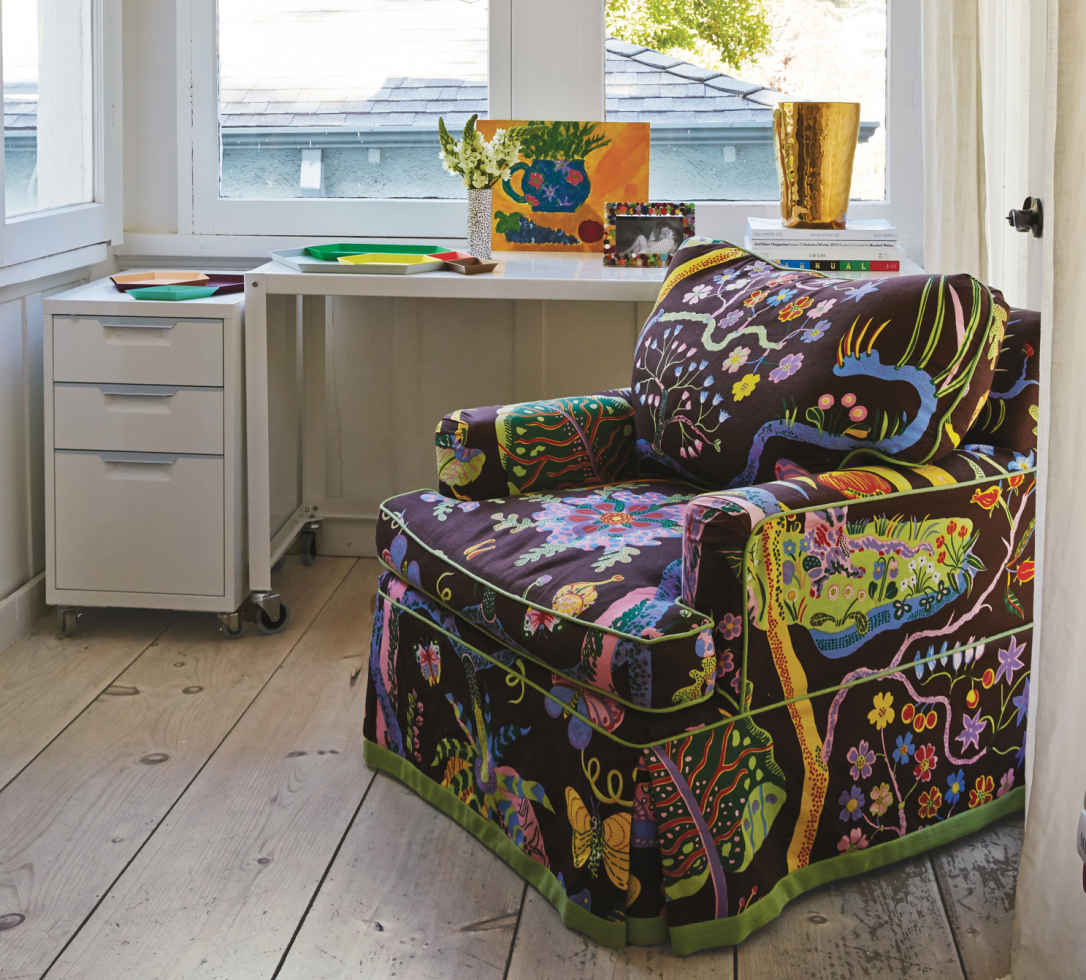 TRIPLE STACK. Clara von Zweigbergk’s Kaleido trays (spread across the desk and file cabinet here) are a color explosion of function and fun. They serve as a catchall for tiny pieces when assembling a project, or a tabletop art installation on every other day.