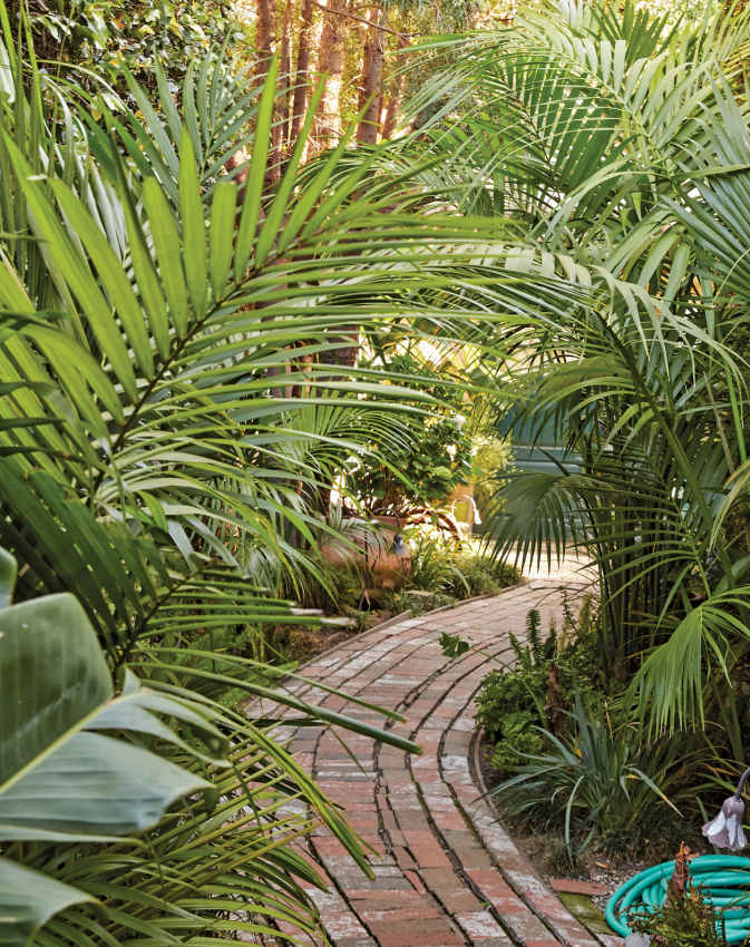 BRICK-BY-BRICK. To emphasize the subtle twist in this pathway, the center pavers were laid horizontally and framed by three rows of vertically placed bricks.